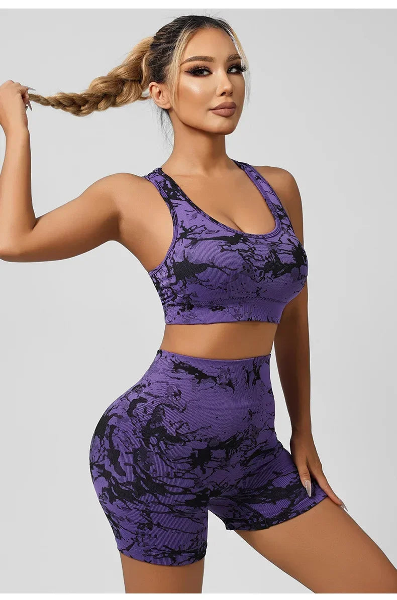 Women Seamless Tie Dye Yoga Set Quick Dry Sports Bra Shorts Lightweight Breathable Workout Outfit