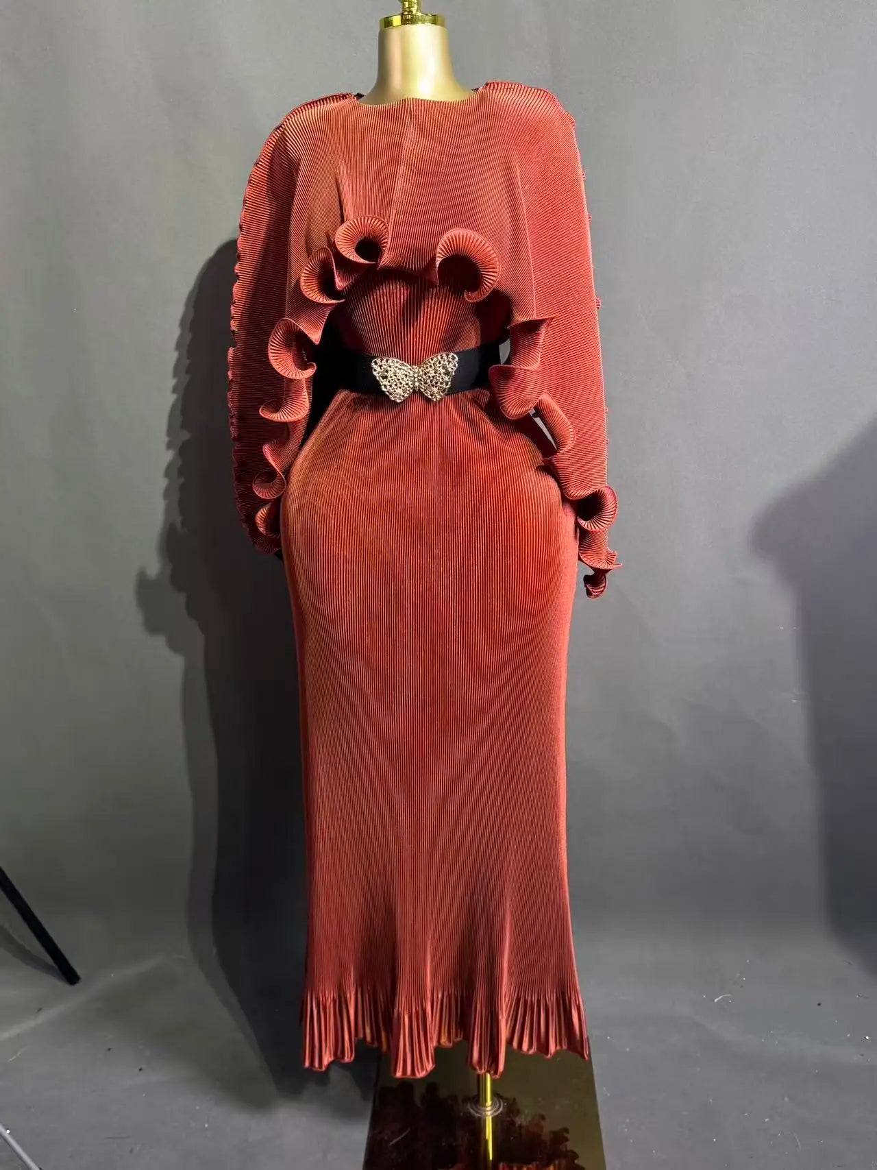 Elegant Pleated Long Dress with Butterfly Belt Women Cape Sleeve Wave Edge Ruffle Evening Party Dress