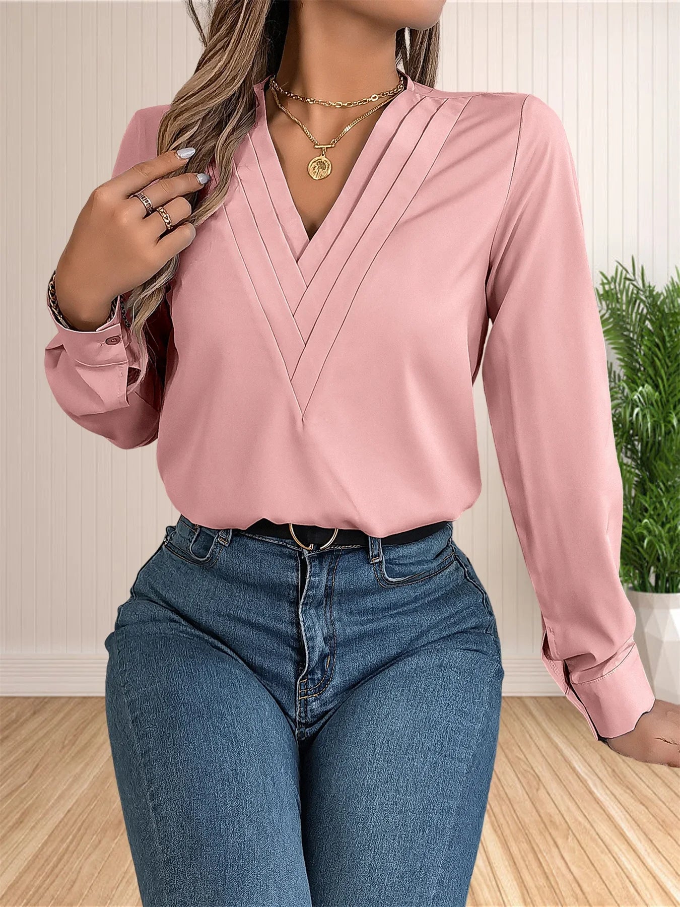 Elegant Layered V-Neck Work Blouse