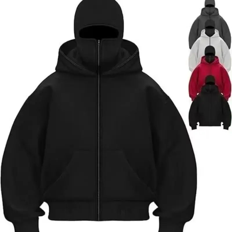 Unisex Hoodie Coat Warm Loose Balaclava Jacket Outdoor Sports Casual Jacket with Face Mask Street Wear