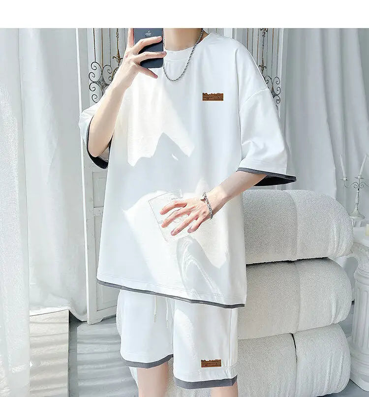 Men's Trendy 2-Piece Streetwear Co-ord Solid Color Short Sleeve T-Shirt And Drawstring Elastic Waist Shorts Set 5XL
