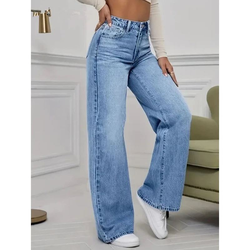 Spring and Autumn New Sky Blue Jeans for Women, Water Washed, Loose, Casual, Wide Legs, Comfortable, Vintage Pants