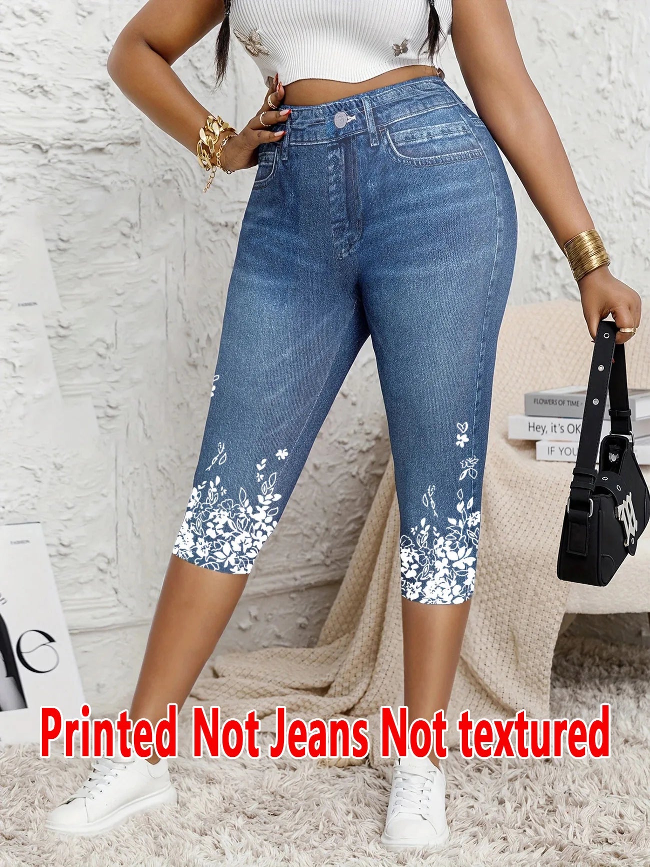 5898 [Printed Leggings - Not Denim Fabric]Ladies' Seven-Point Leggings with a Faux Denim Print, Form-Fitting Pants