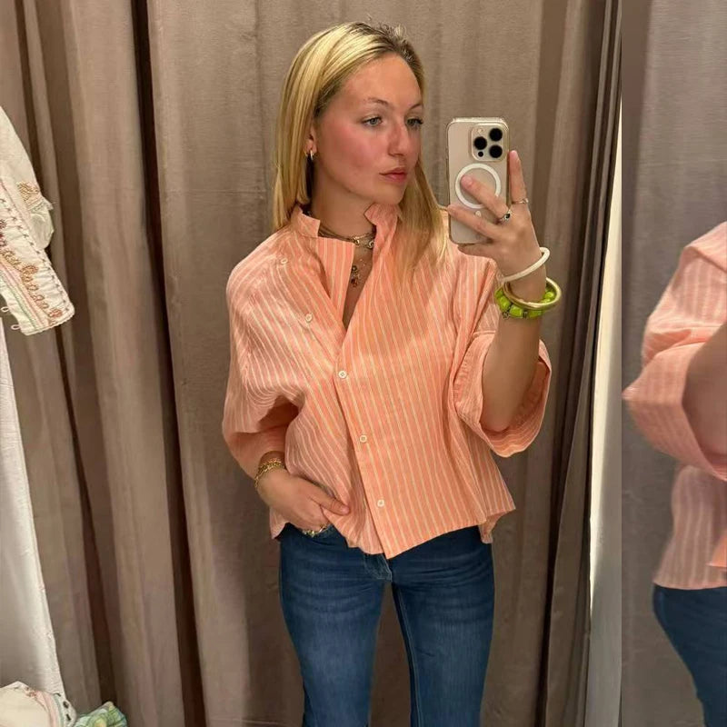 Women's Pink Striped Shirts Summer Asymmetric Button Mid Sleeve Loose Fit Shirts Casual Office Look Vintage Elegant Female Tops