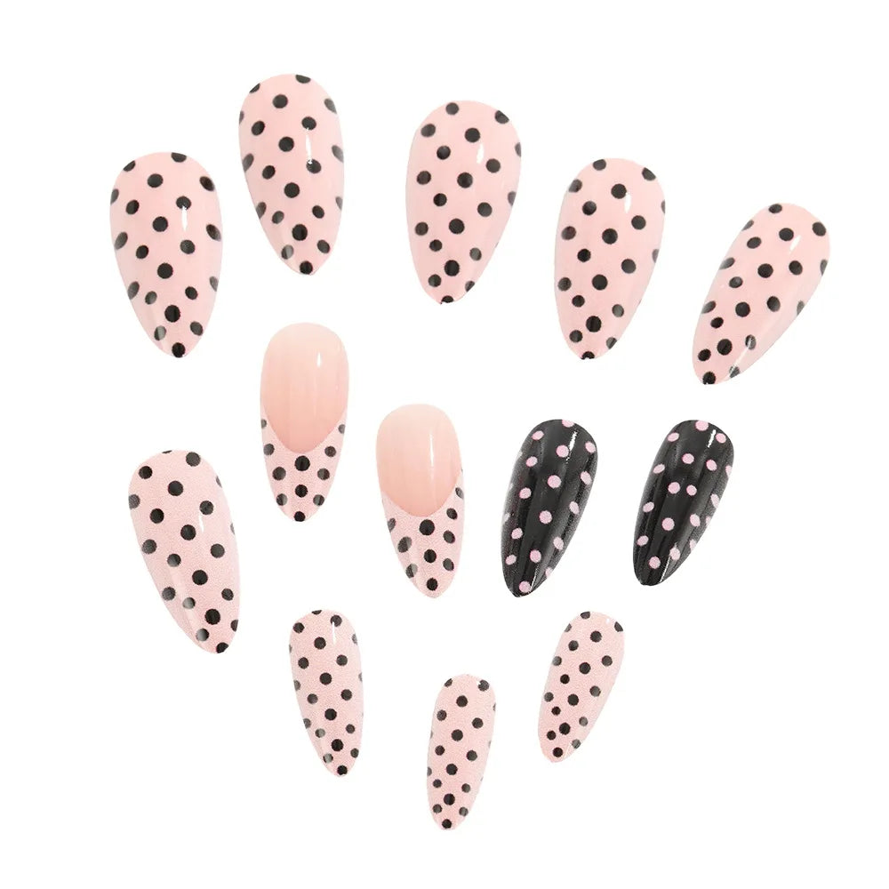 Medium long fake nails for women girls pink white black red blue brown polka dots design almond ballet tips press on false nail