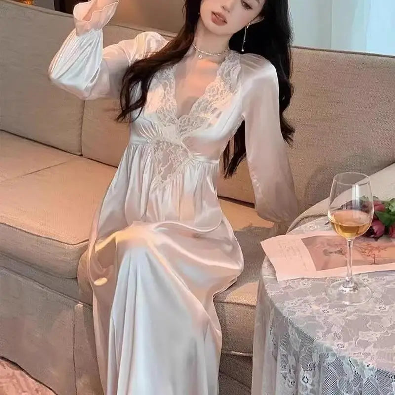 Female Long Nightdress Retro French Court Style Princess Nightgown Sleepwear Spring Summer Loose Rayon Home Clothes Lounge Wear