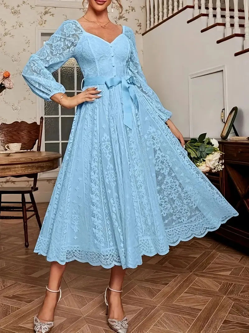 Elegant Party Dress For Woman Evening Prom Dresses Lace Long Gown V Neck Maxi Dress White Pink Floral Lace A Line Balloon Sleeve