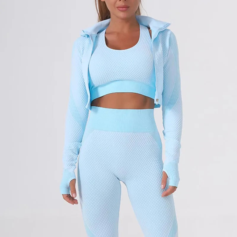 Summer Women's Yoga Sets Seamless Sports and Fitness Suit Tight Fast-drying Waist Closing Yoga Clothing Three-piece Set