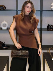 HH Woman's Summer Casual Asymmetrical Tops 3 Color Solid O-Neck Sleeveless Back Zipper Women New Fashion Slim Tops Mujer