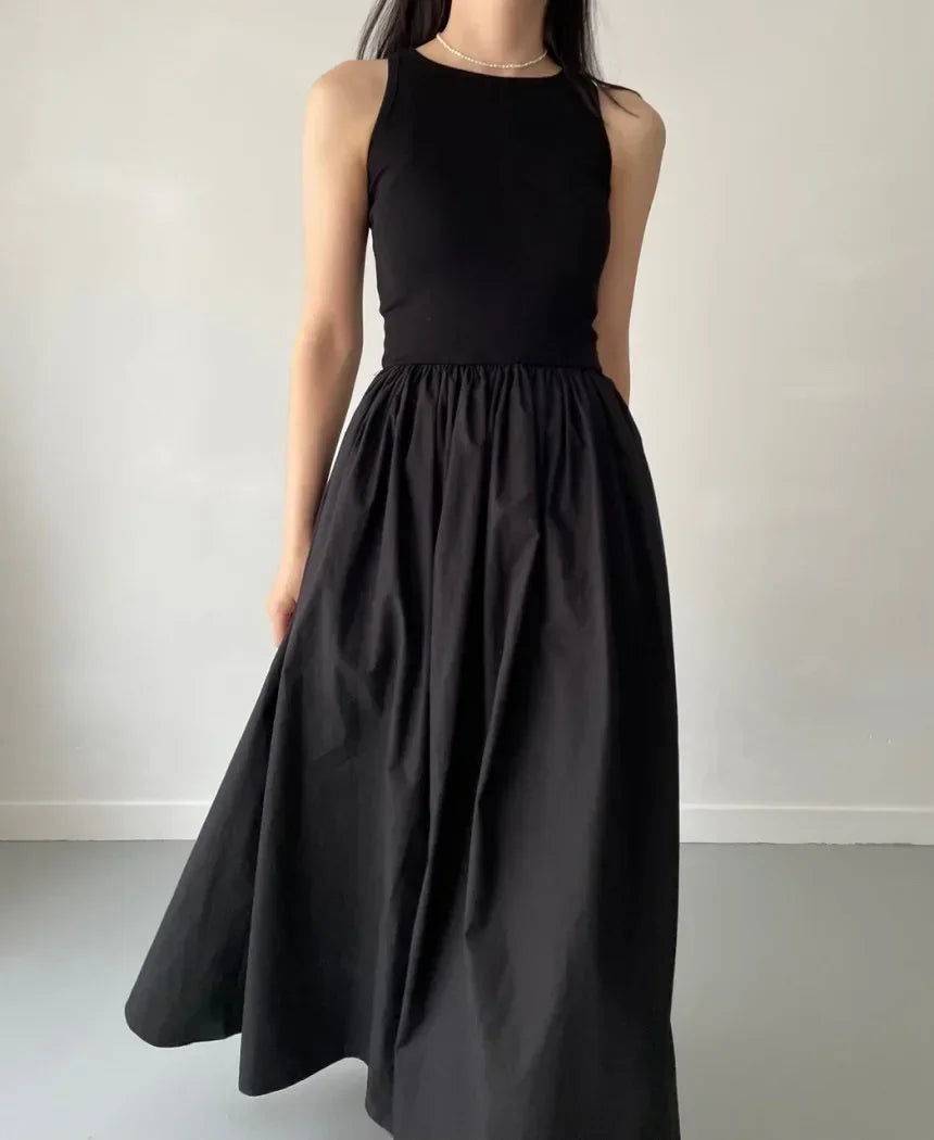 Female Fashion Style Dress New Summer Simple Elegant Black Long Dresses For Women Round Neck Sleeveless High Waist Temperament