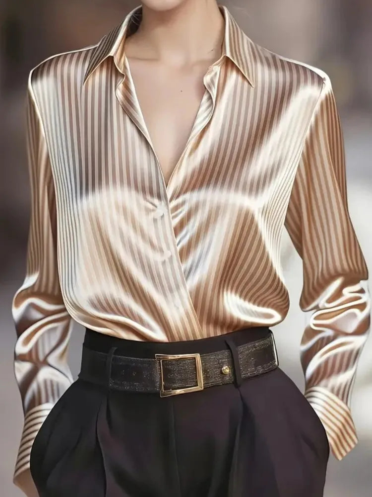 Lady Striped Shirt Fashion Long Sleeve Turn-down Collar Button Shirts Tops For Women Casual Office Holiday Spring Autumn Clothes