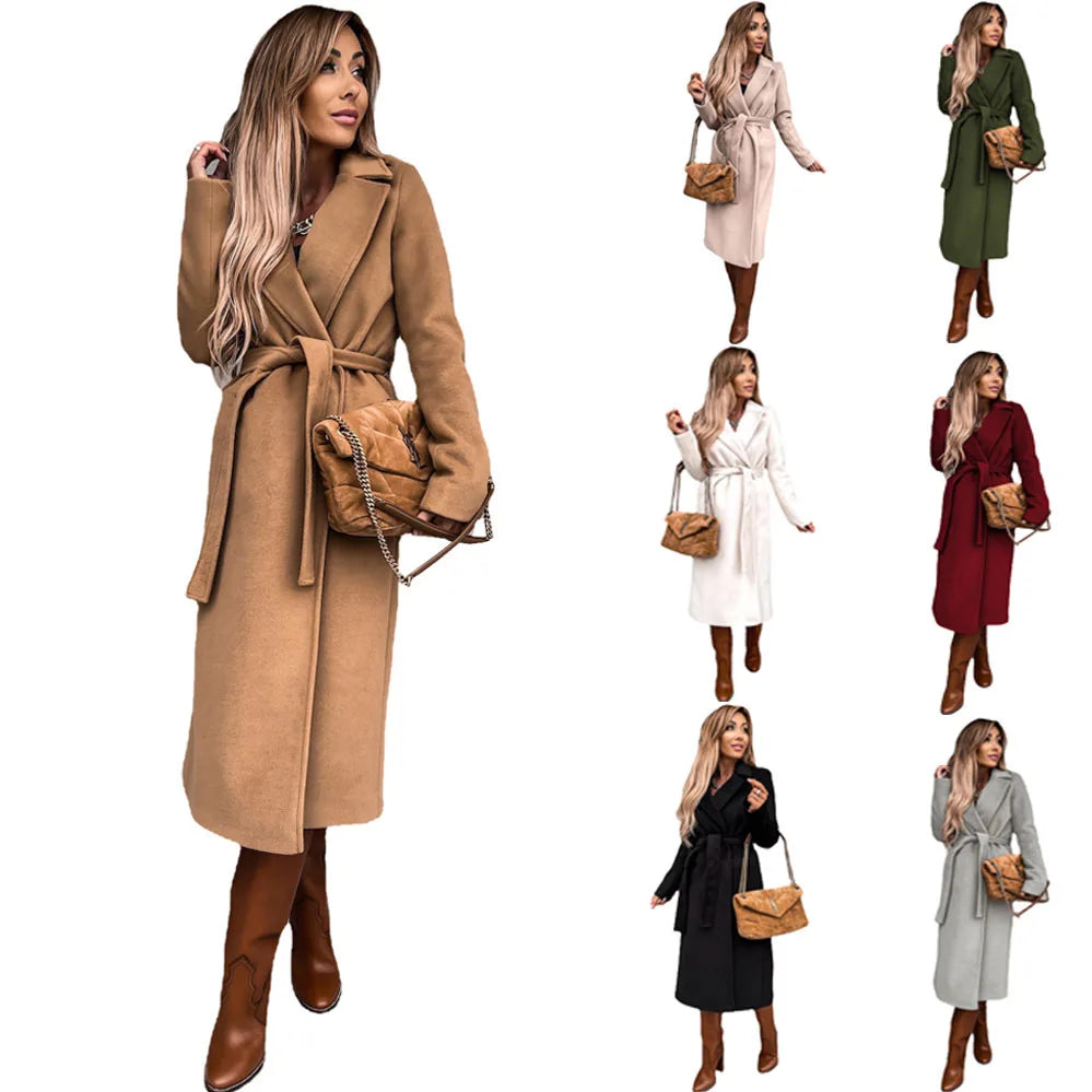 European and American Autumn and Winter Coats for Women's Clothing Solid Color Lapel Long Sleeved Woolen Women's Coats Simple St