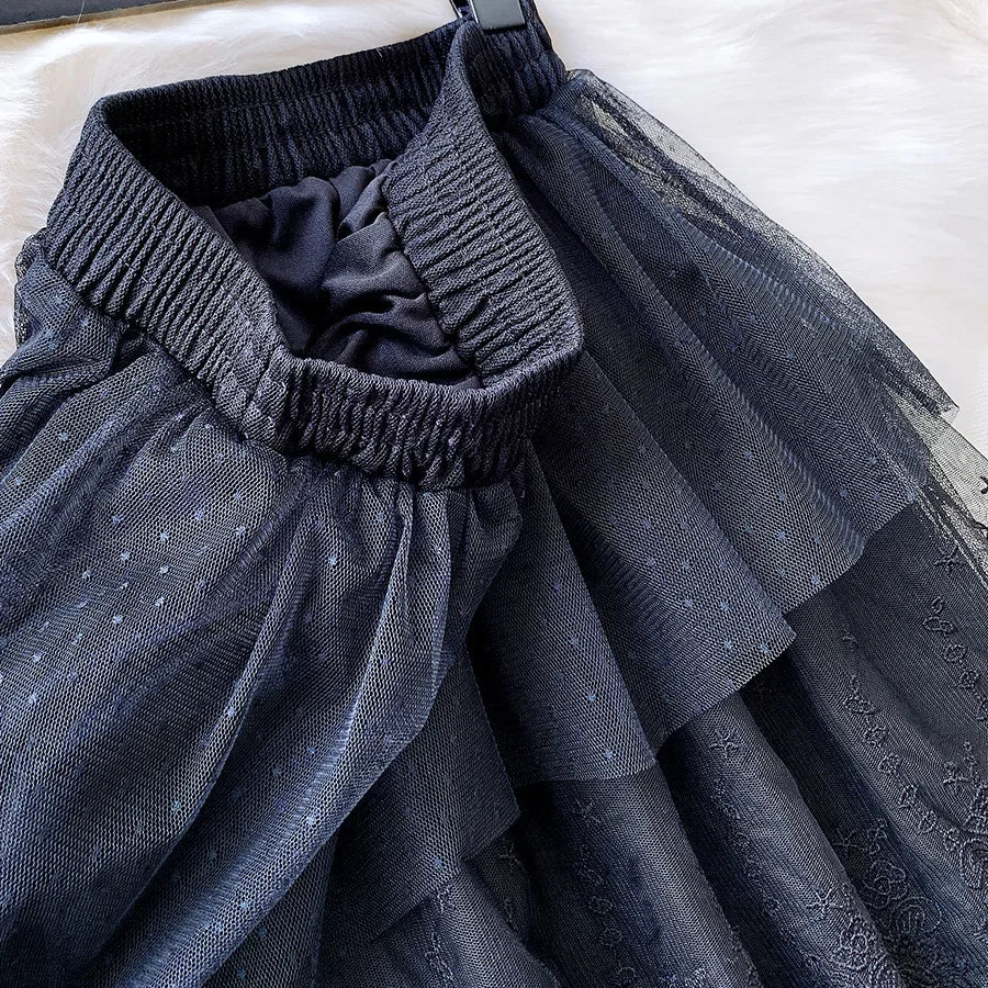 Women Skirts Cake-Style Skirt Spring Summer Fashion Lace Skirts Ladies High-Waisted Slimming Long Lace Skirt Elegant Tulle Skirt