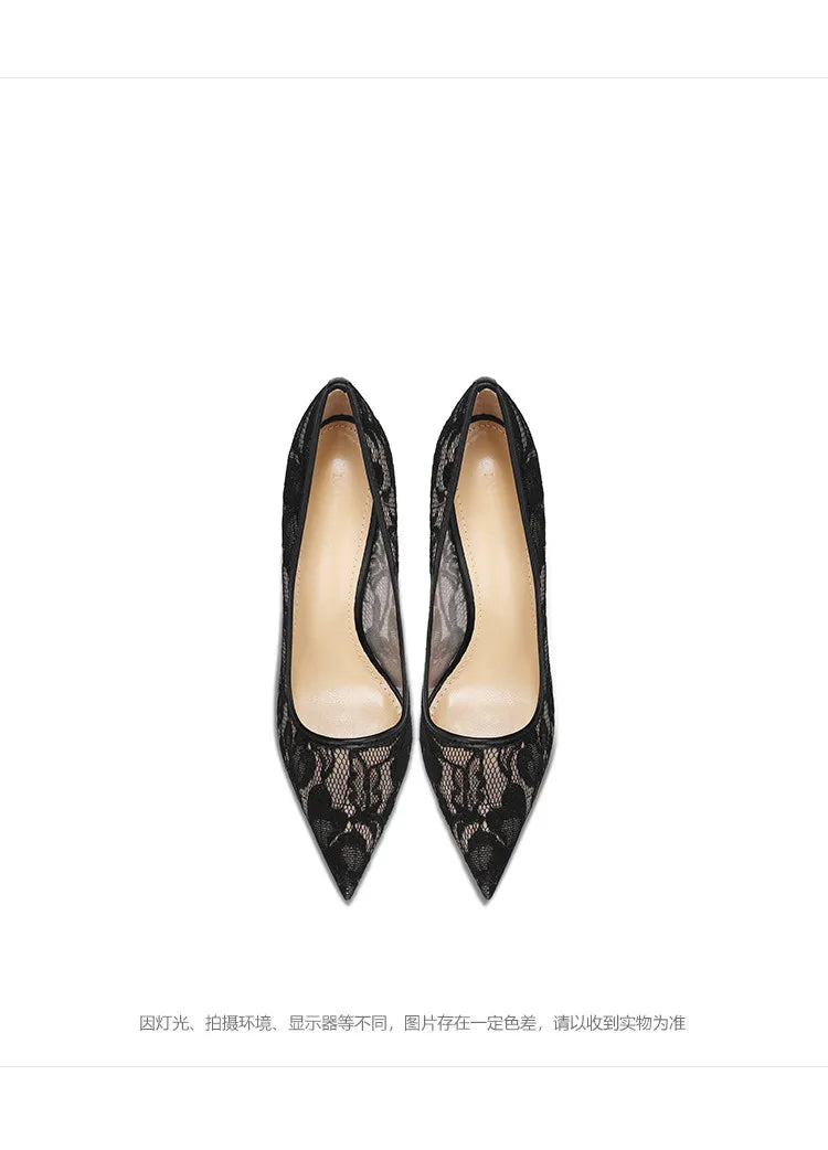 Black Lace High Heels for Women, 2026 New Slim Heel Pointed Sexy Versatile French Spring and Summer Breathable Single Shoes