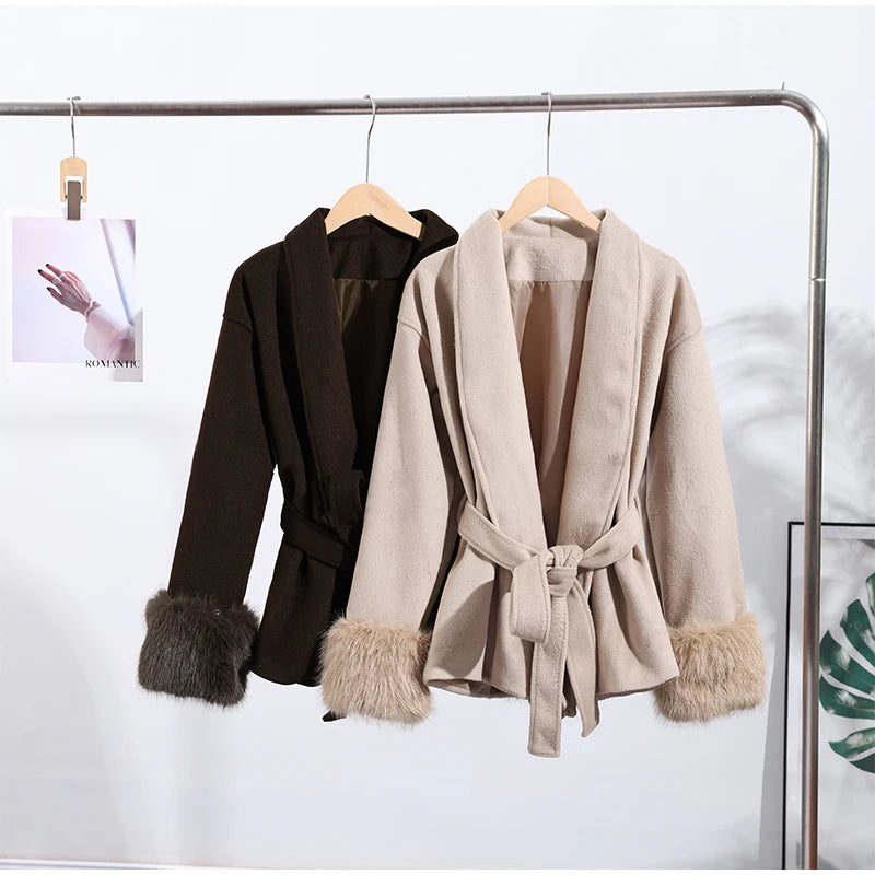 Elegant Women's Lace Up Woolen Coats Solid Full Sleeve Turn-down Collar Loose Lady Coats 2025 Autumn Winter Female Streetwear