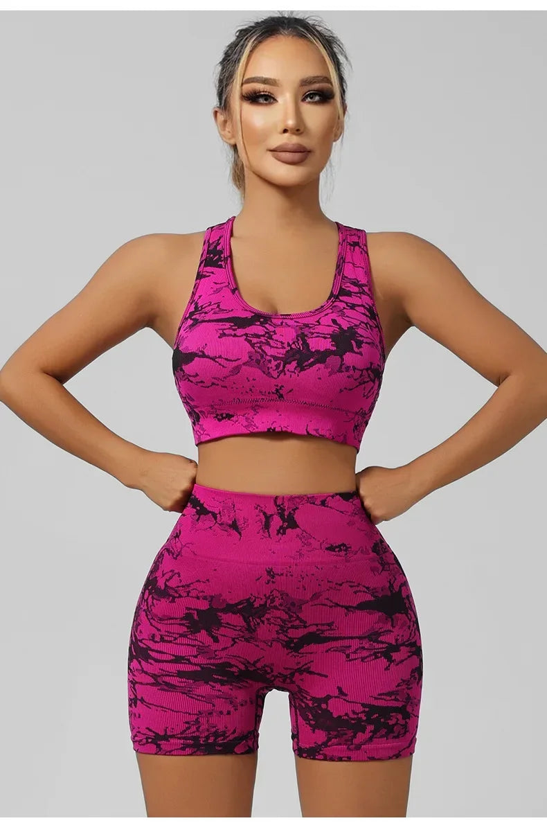 Women Seamless Tie Dye Yoga Set Quick Dry Sports Bra Shorts Lightweight Breathable Workout Outfit