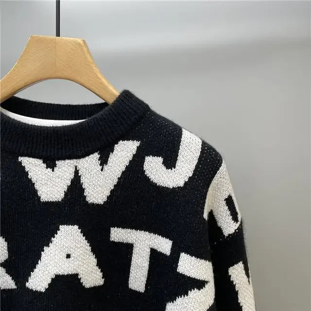 Sweater Men's Clothing Winter Full-print Letter Jacquard Loose Thickened Design Round Neck Top Trendy American Style Sweater