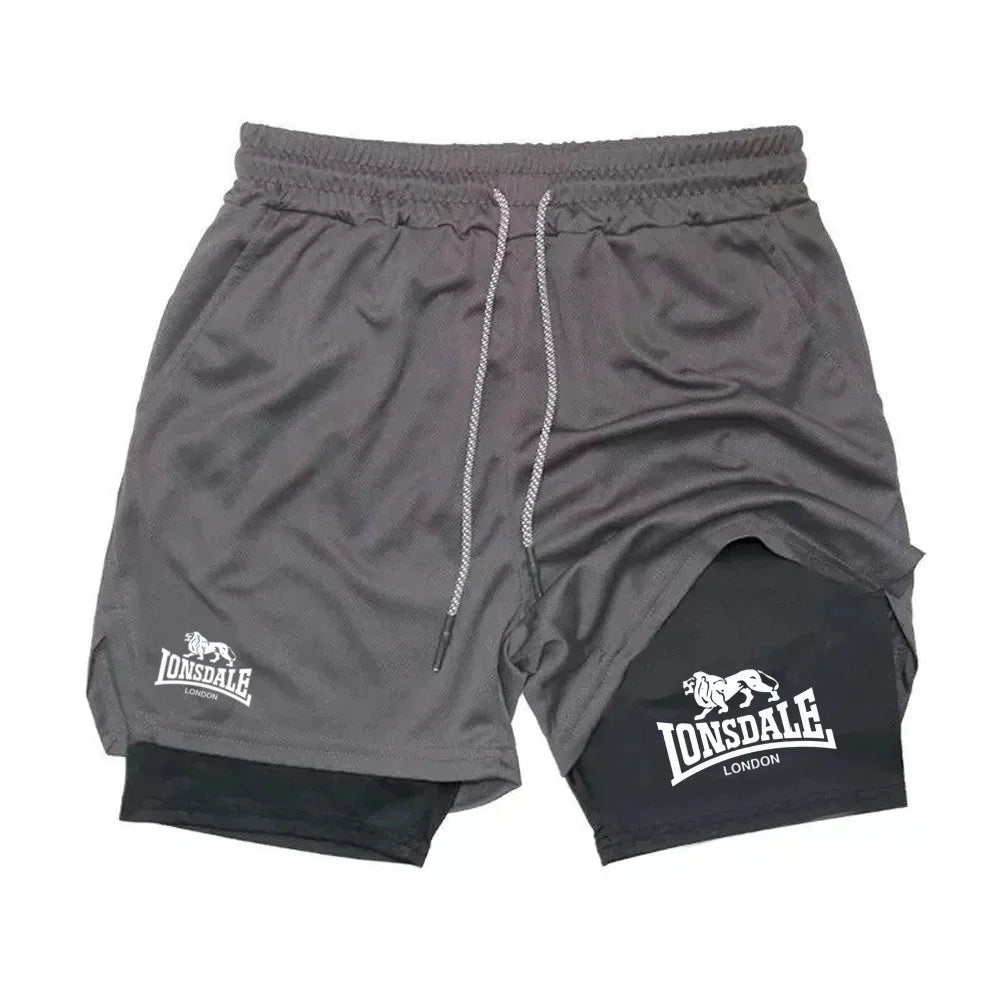 Print 2in1 Running Shorts for Men Gym Workout Compression Shorts with Phone Pocket Towel Loop Summer Sport Athletic Activewear