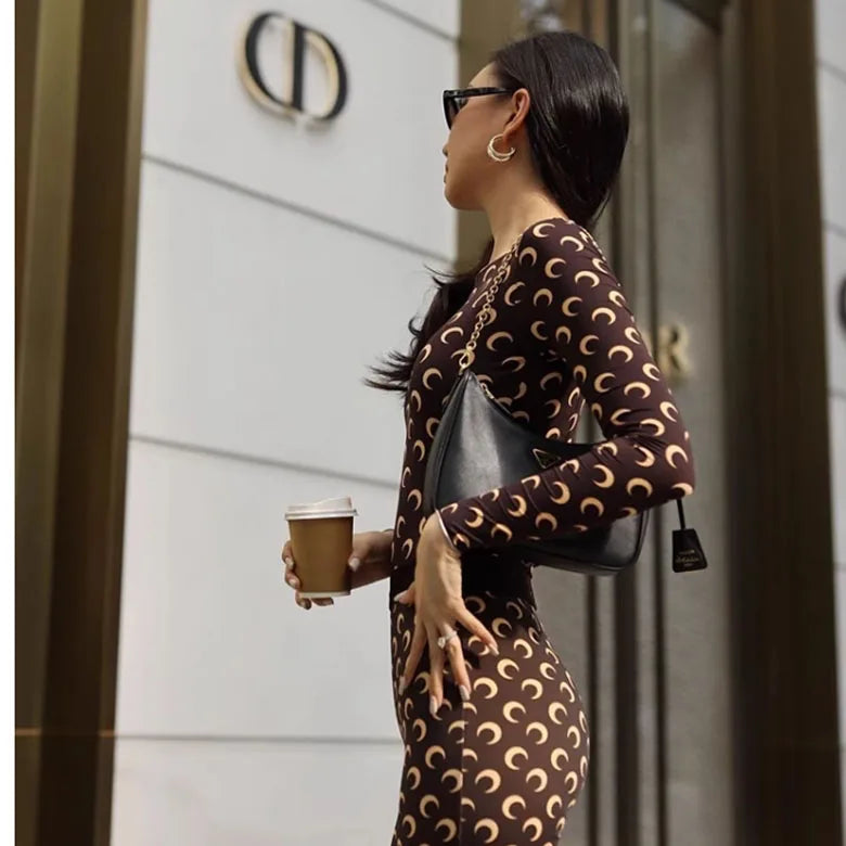 Women Jumpsuit Y2K Streetwear Moon Print Jumpsuit Elastic Long Sleeve Round Neck Autumn Sexy Fashion Bodysuit