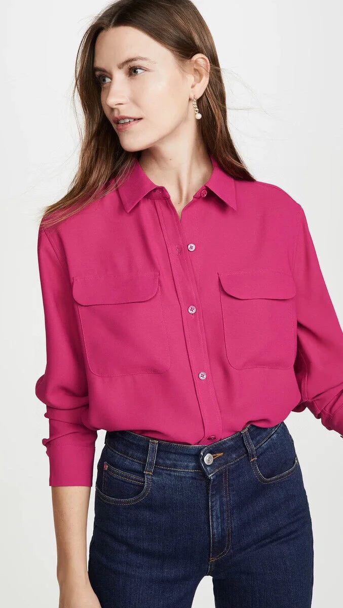 Women Real Silk Shirts Classic Double Pockets Solid Color Casual Fashion Long Sleeve Thin Shirt Blouses Tees