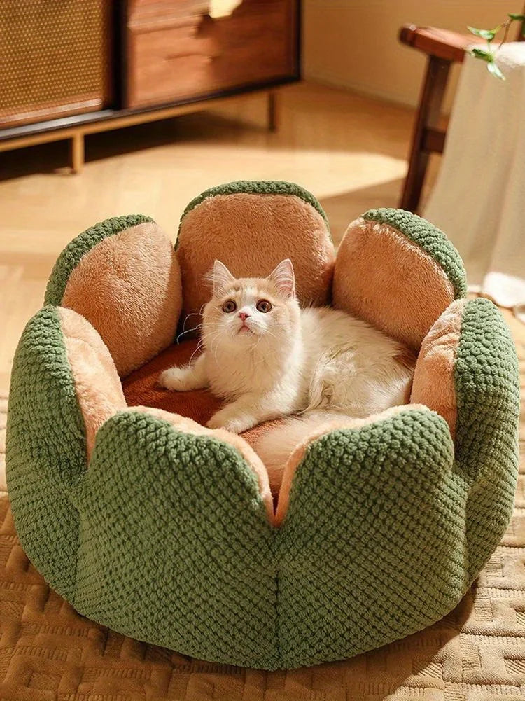 Petal Shaped Pet Bed, Plush Round Dog & Cat Cushion Mat with Knitted Texture, Ultra Soft Warm Nest for Kittens Puppies in Winter