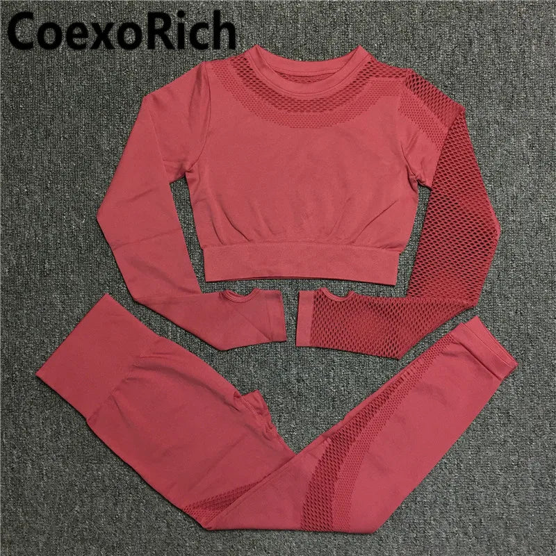 Yoga Set Women Fitness Gym Clothing Sport Suit Seamless Hollow Out Long Sleeve Crop Top High Waist Workout Leggings Sportwear