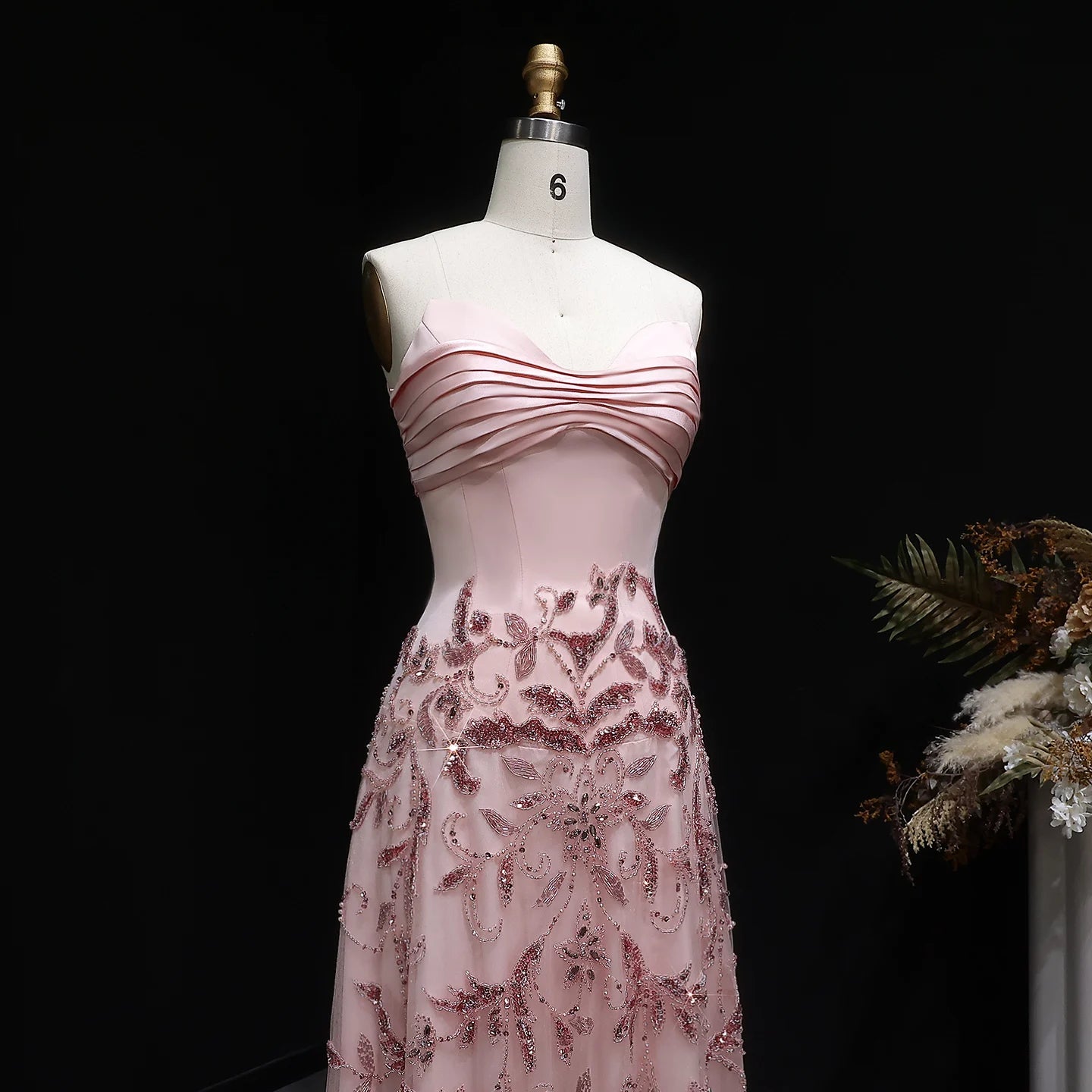 Pink Beaded Sweetheart Evening Gown