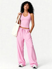 Women 2 Piece Yoga Outfit Ribbed Halter Crop Tank Top Drawstring Wide Leg Pants Set Casual Workout Gym Loungewear Tracksuit