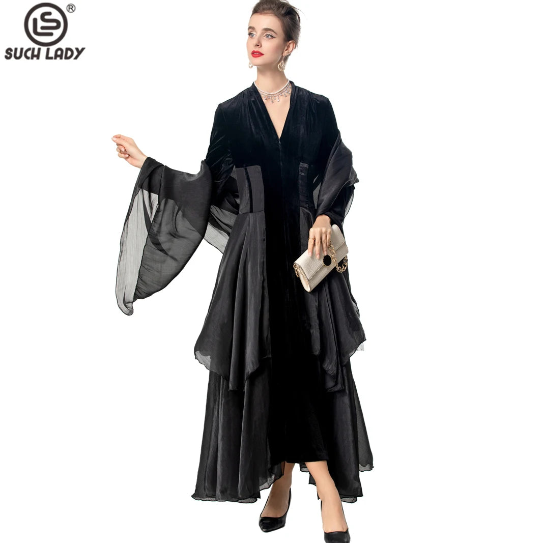 Velvet Ruffle V-Neck Evening Dress