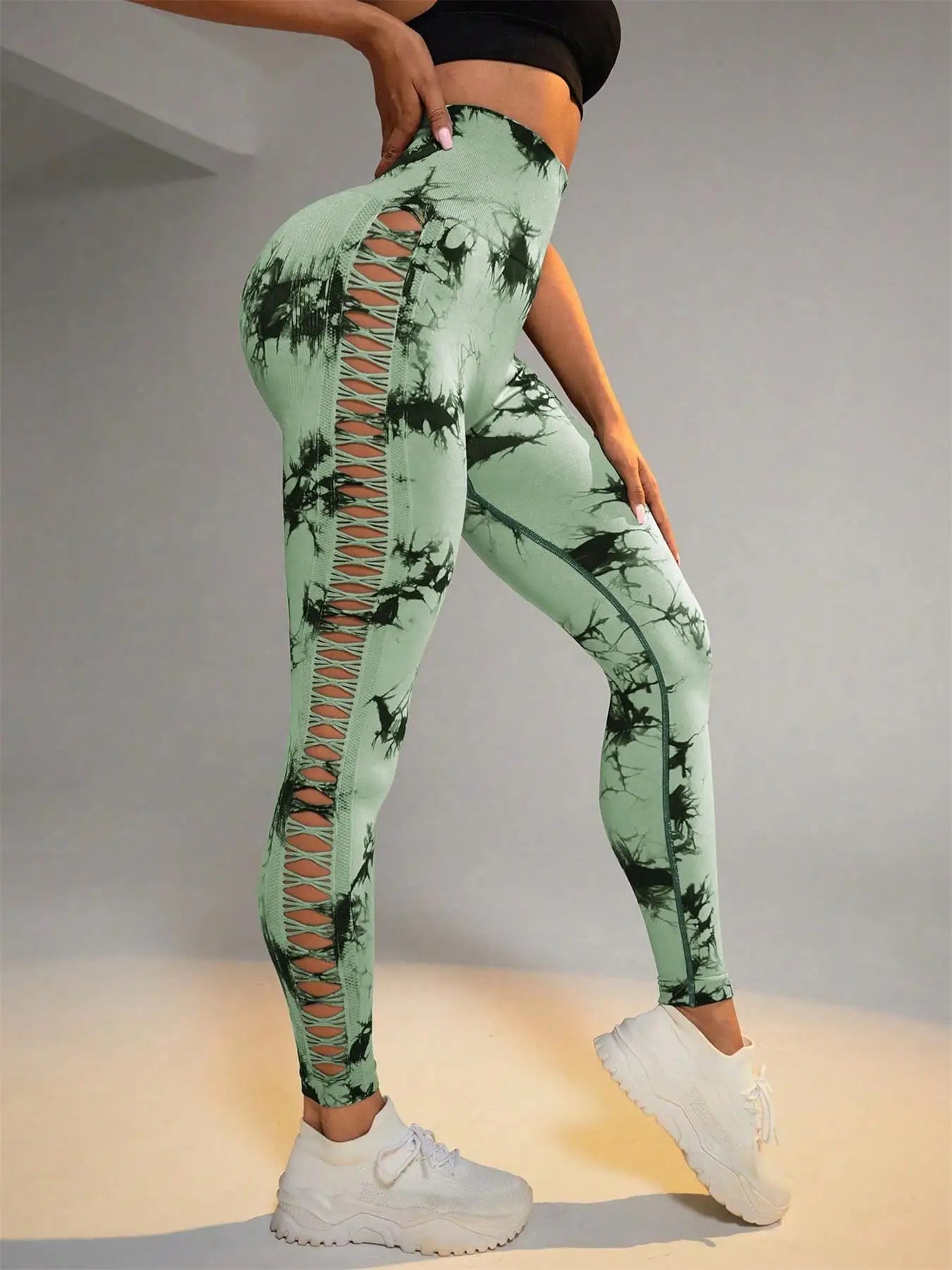 Women's Sporty Tie-Dyed Side-Cut Yoga Pants, Fashionable High-Waisted Hip-Lifting Sports Pants, Seamless Stretch Tight Pants