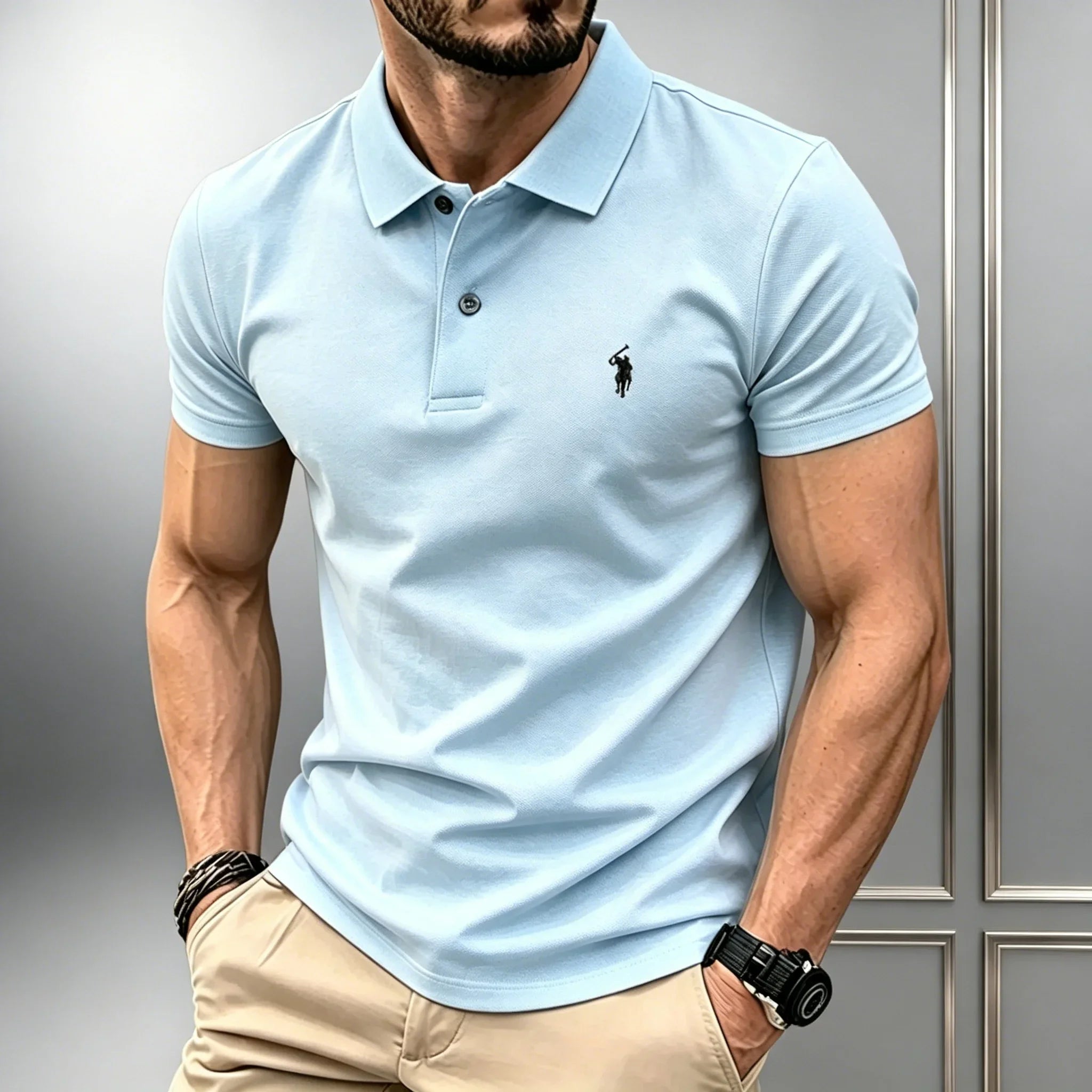 Men Solid Color Polo Shirt Regular Fit Business Casual Short Sleeve Tops With Small Horse Embroidery Chest Print