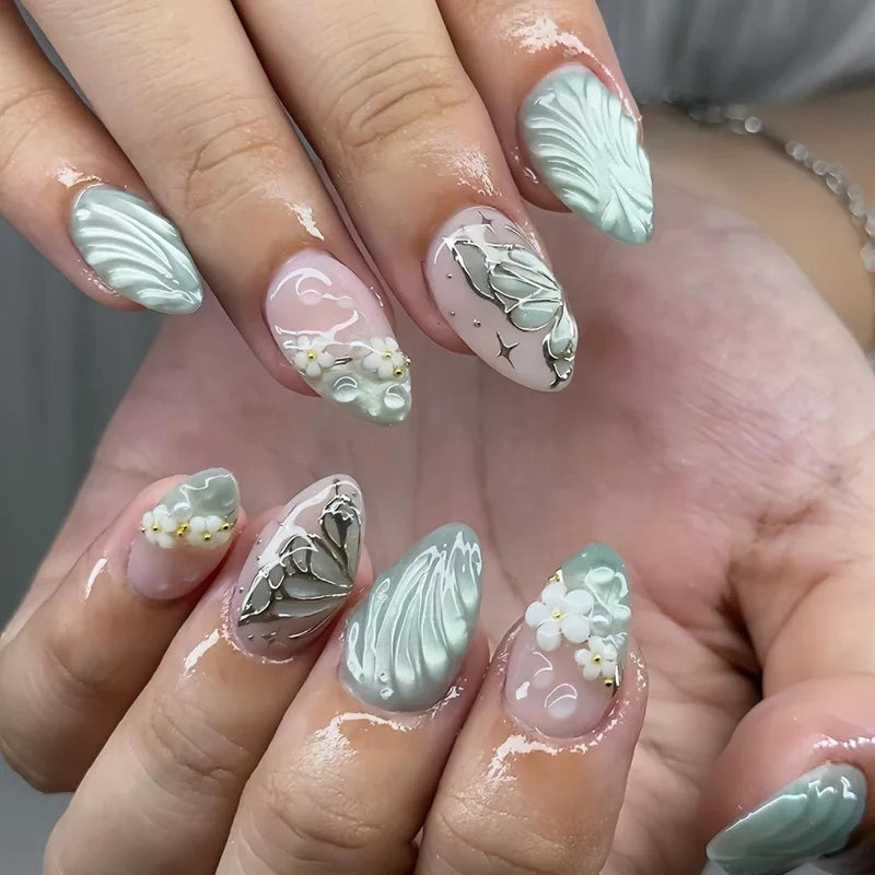 Medium fake nails for women Gradient nude brown blue flowers or rhinestones fall winter almond tips press on false nail art set