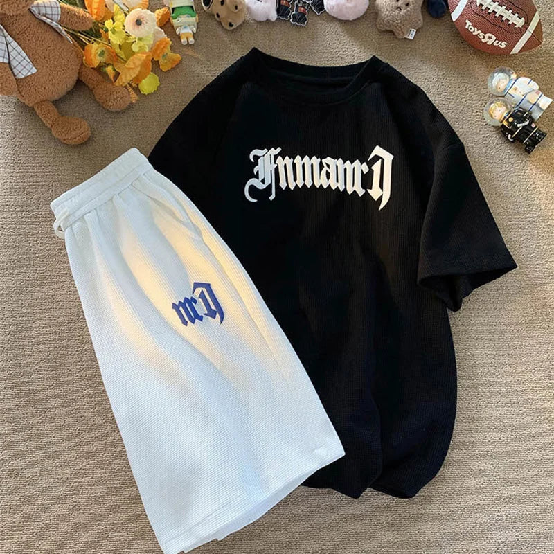 Printed Streetwear Tracksuit Men Summer Waffle Sets Casual Trendy Sportswear Short Sleeve T-Shirt Sports Breathable Shorts