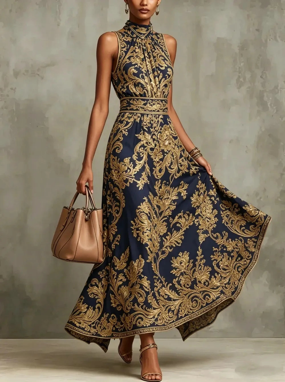 Elegant Party Evening 2026 Summer Long Dresses New Vintage Classic Pattern Flower Printed Lapel A-Line Dresses For Women