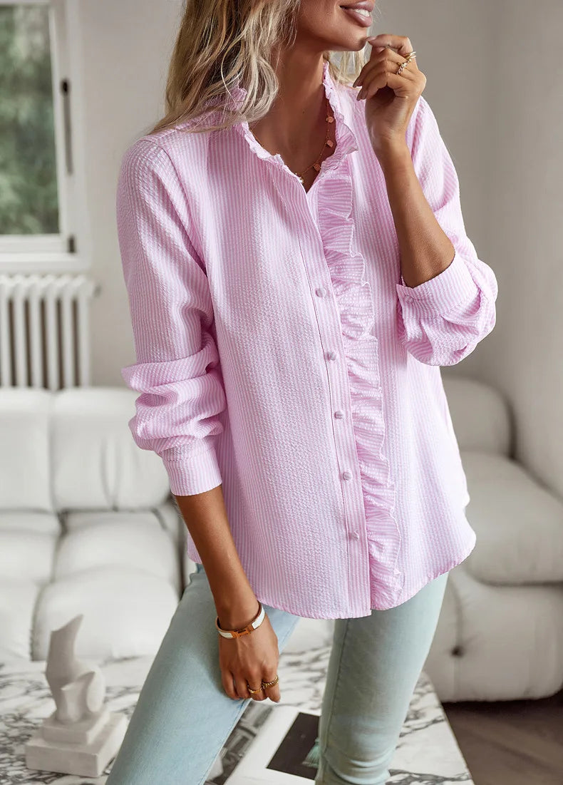 Women's Shirt Elegant Long Sleeve Ruched Stand Neck Office Lady Blouse Casual Button Shirts Harajuku Tunics Street Simple Tops