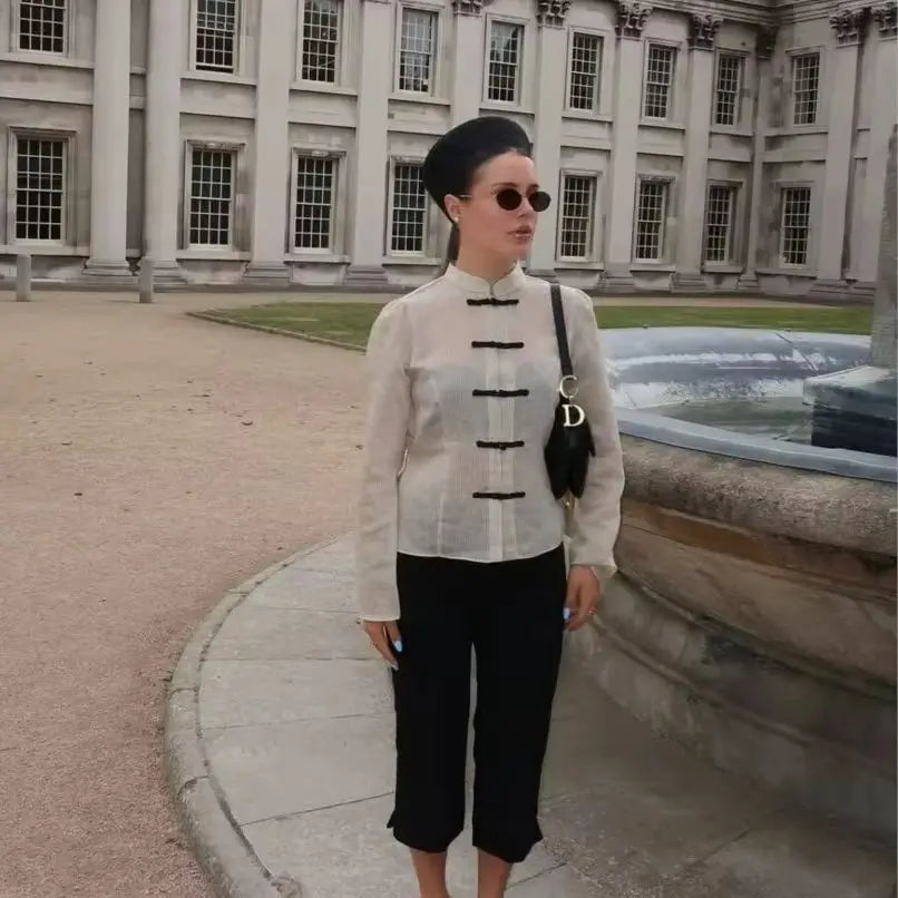Women Trendy Sexy Striped Shirts Summer Female Chic Rope Buttons Sheer Shirts Lady High Street Elegant Long Sleeve Blouse Tops