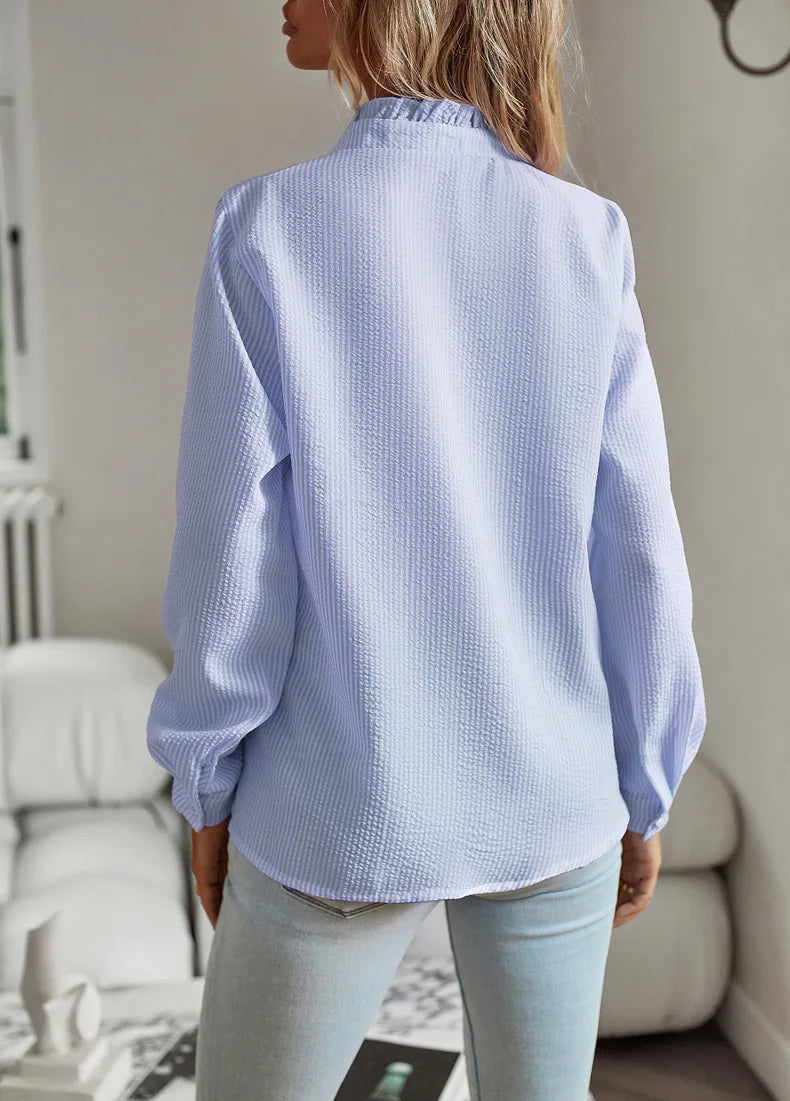 Women's Shirt Elegant Long Sleeve Ruched Stand Neck Office Lady Blouse Casual Button Shirts Harajuku Tunics Street Simple Tops