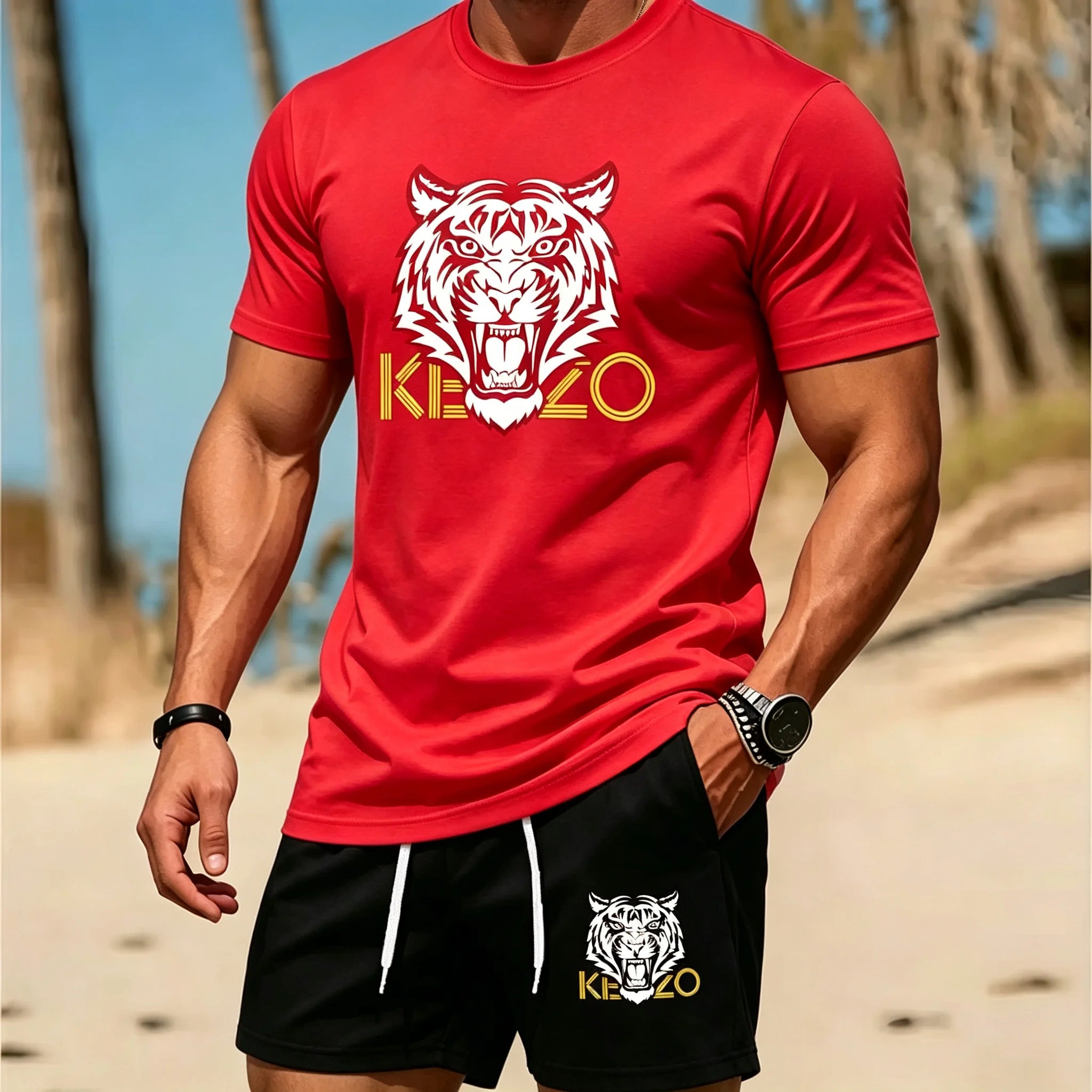 Men Summer Tiger Stripe 2 Piece Tracksuit Breathable Quick Dry Short Sleeve T Shirt Shorts Set Gym Running Sportswear