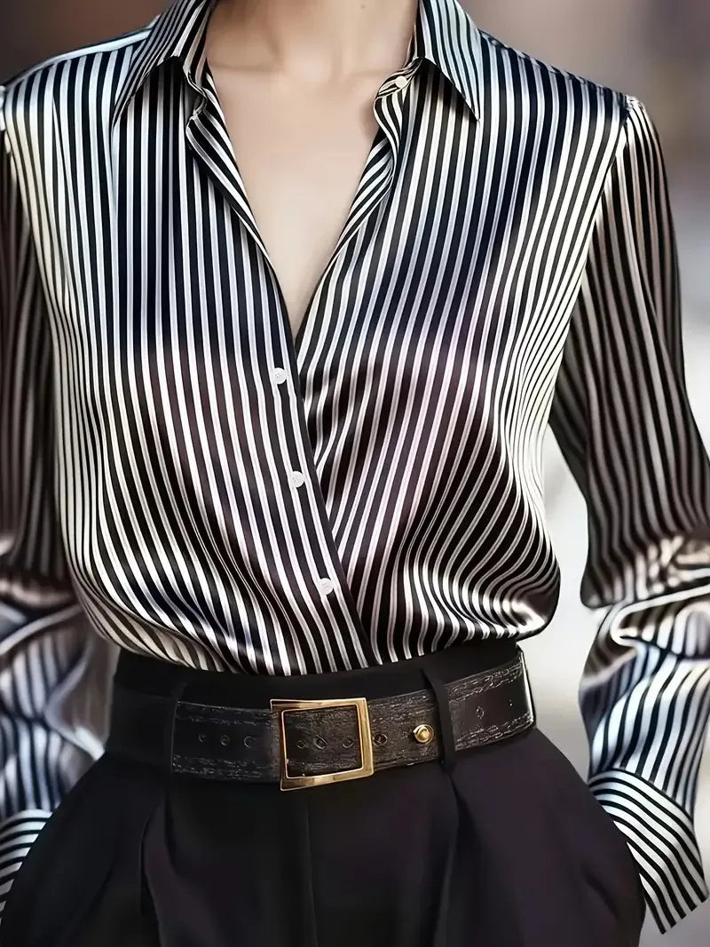 Lady Striped Shirt Fashion Long Sleeve Turn-down Collar Button Shirts Tops For Women Casual Office Holiday Spring Autumn Clothes