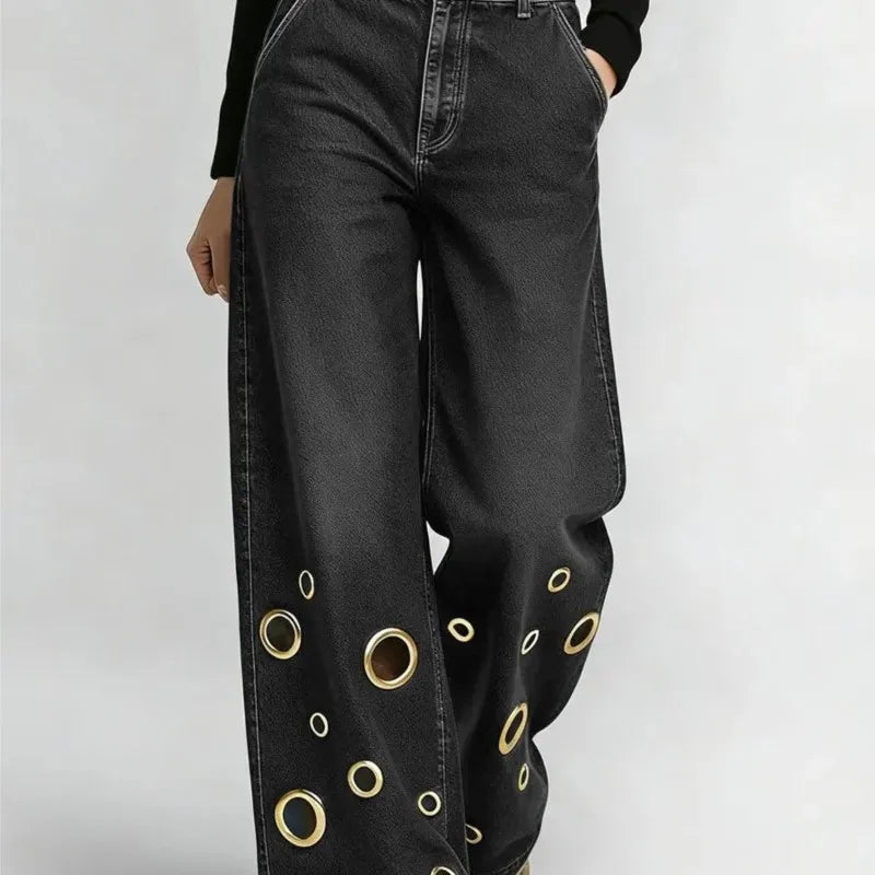 Women's High Waist Wide Leg Jeans with Gold Eyelets Vintage Baggy Denim Pants, Y2K Streetwear Hollow Out Trousers Ladies Jeans