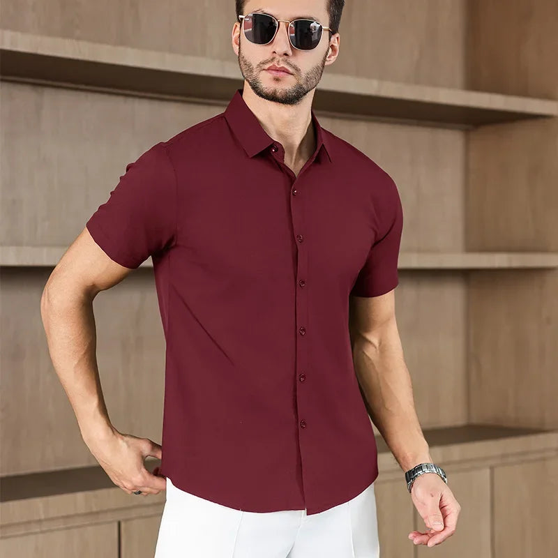 New Men's Business Casual Solid Color Short Sleeved Shirt for Summer Fashion No Ironing Comfortable and Versatile Top