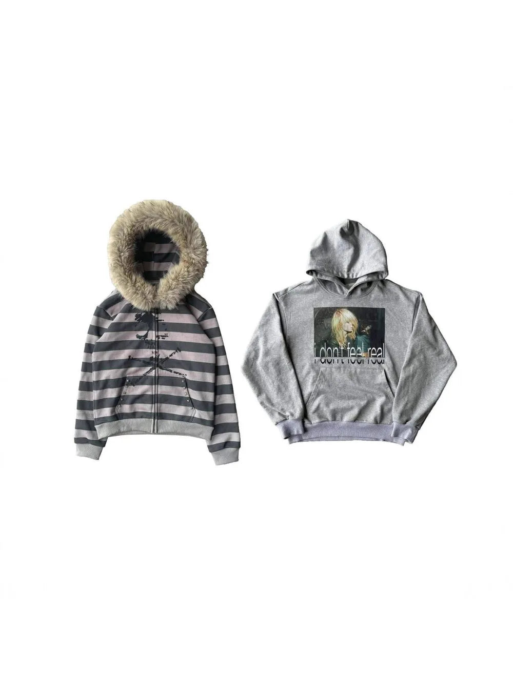 Hoodie with leather collar suitable both men and women striped printed long sleeved loose hooded sports hoodie punk Y2K daily