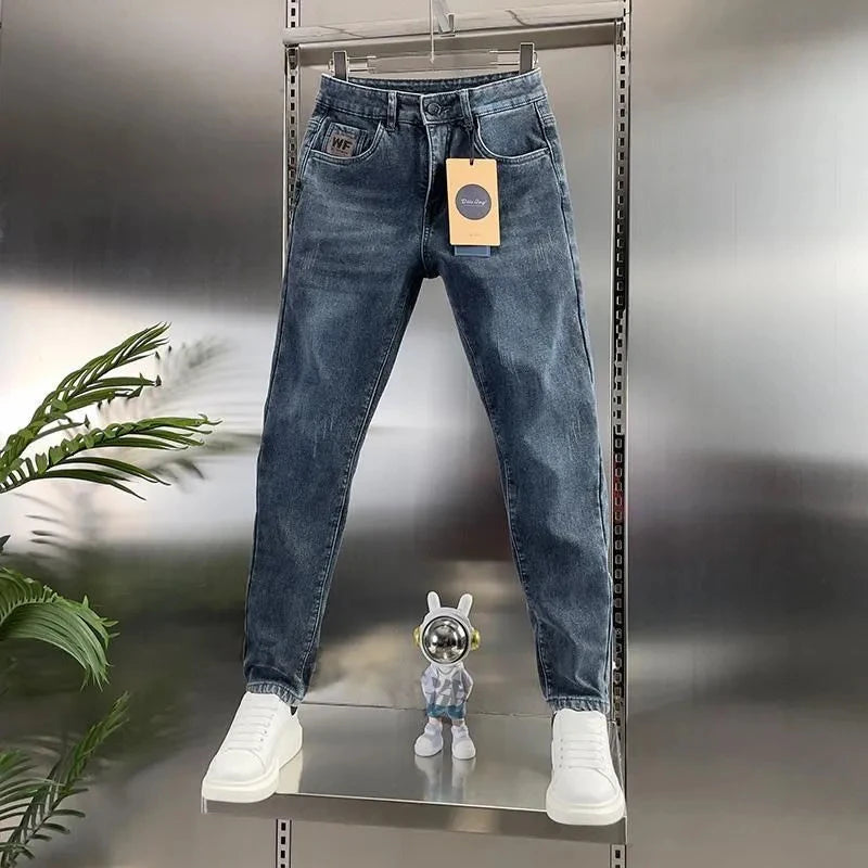 Thick Jeans Men's Slim Fit Spring Autumn Winter Casual Long Pants Cotton Stretch Denim mid Waist Zipper Closure Wear Resistant