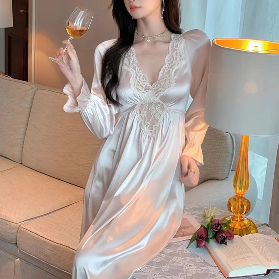 Female Long Nightdress Retro French Court Style Princess Nightgown Sleepwear Spring Summer Loose Rayon Home Clothes Lounge Wear