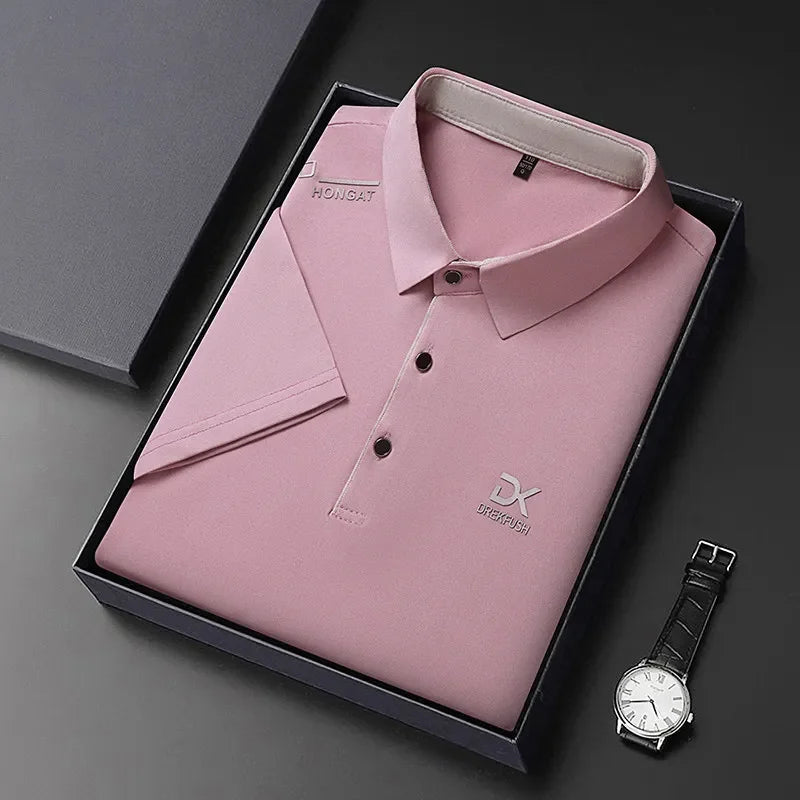Men's Business Casual Short Sleeve Polo Shirt Solid Color with Badge Fashionable Breathable Comfortable Versatile Business Top
