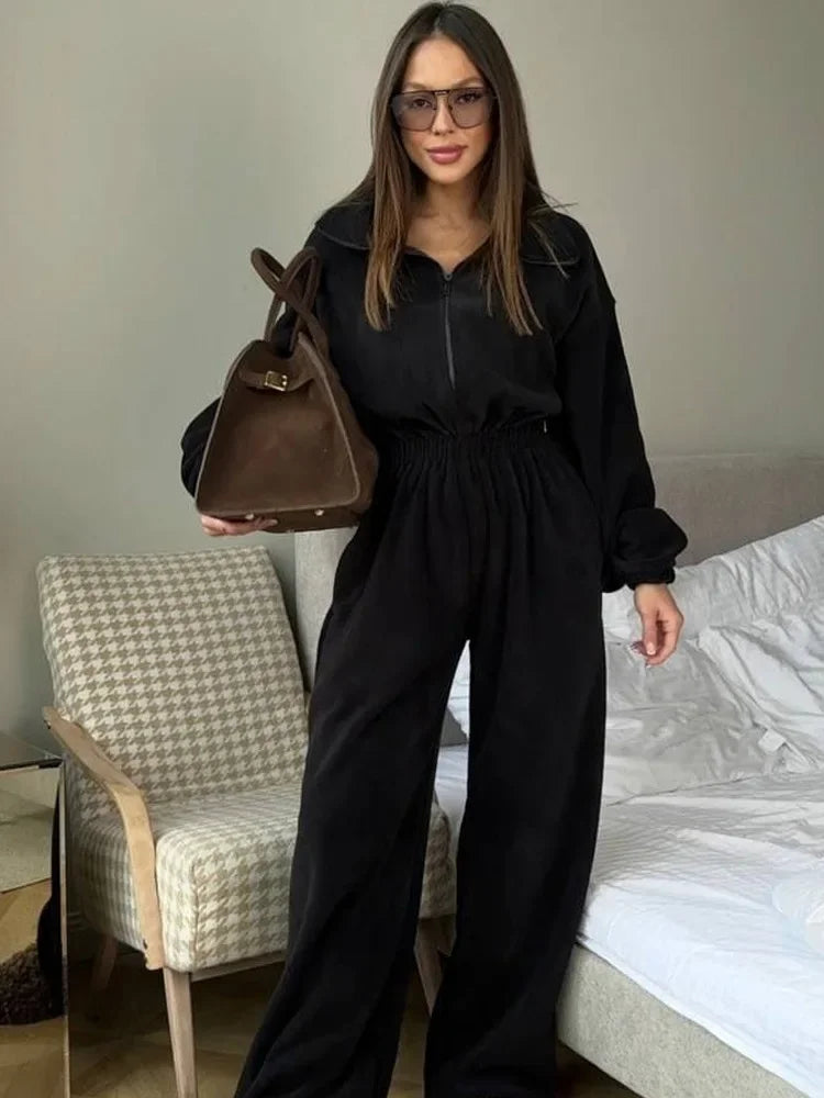 Jumpsuit Women 2026 New Fashionable Long Sleeved Jumpsuit for Women's Casual Half Open Collar Elastic Waist Jumpsuit