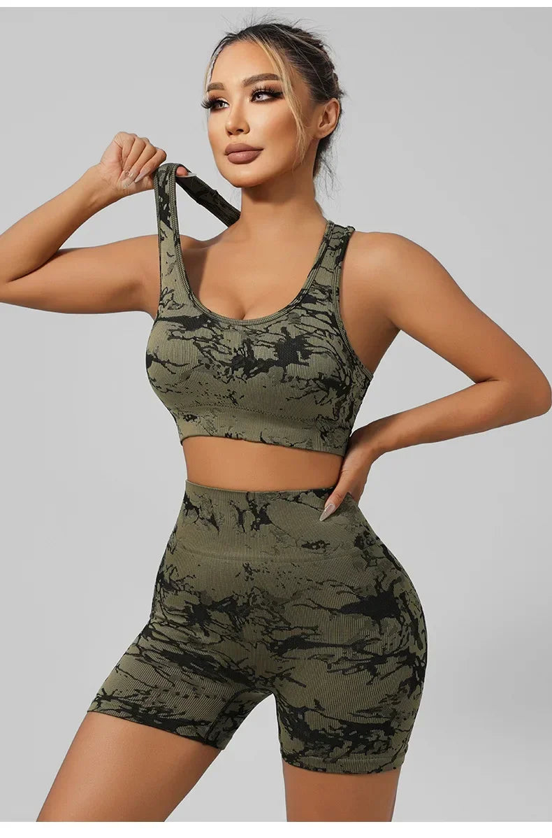 Women Seamless Tie Dye Yoga Set Quick Dry Sports Bra Shorts Lightweight Breathable Workout Outfit