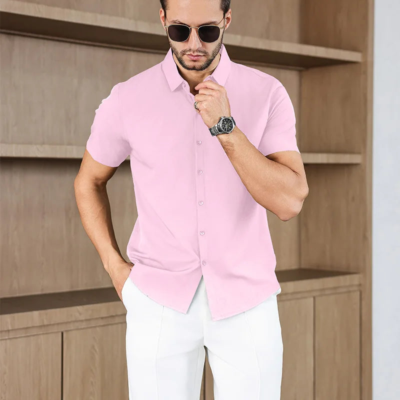 New Men's Business Casual Solid Color Short Sleeved Shirt for Summer Fashion No Ironing Comfortable and Versatile Top