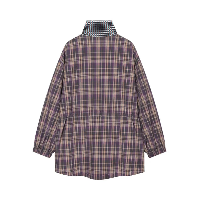 Women's Coat 2026 New Autumn Gray Plaid Long Sleeve Loose Drawstring Decorative Coat Casual Fashion Personal Ladies Outerwear