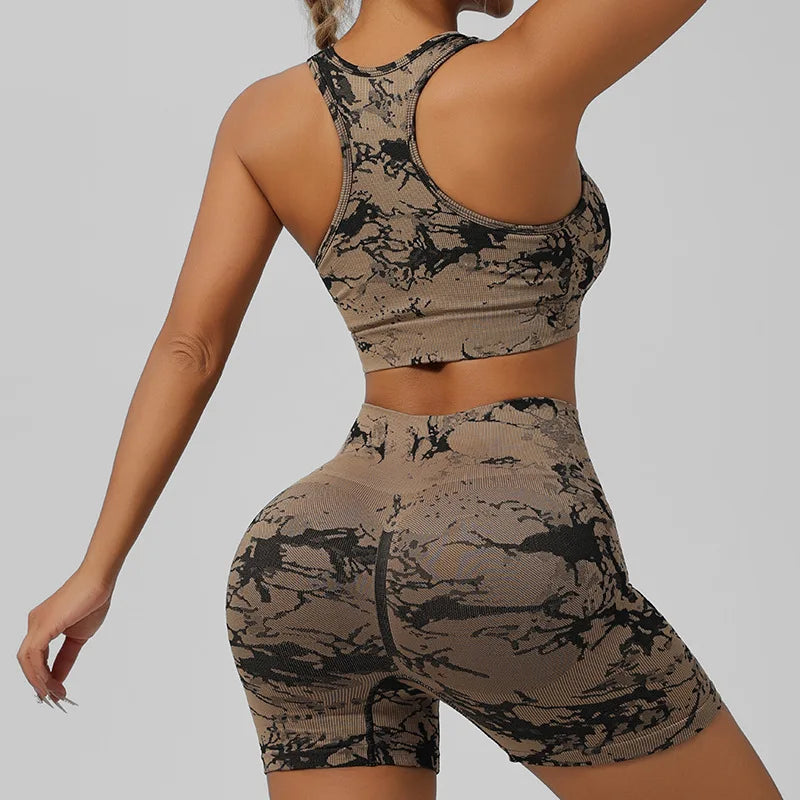 Women Seamless Tie Dye Yoga Set Quick Dry Sports Bra Shorts Lightweight Breathable Workout Outfit